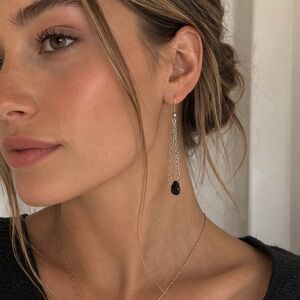Ayven Grace Silver Chain Drop Earrings with Black Stone